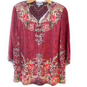 JM Collection Sz S Red Paisley Bohemian Flowy Lightweight Flared Sleeve Blouse